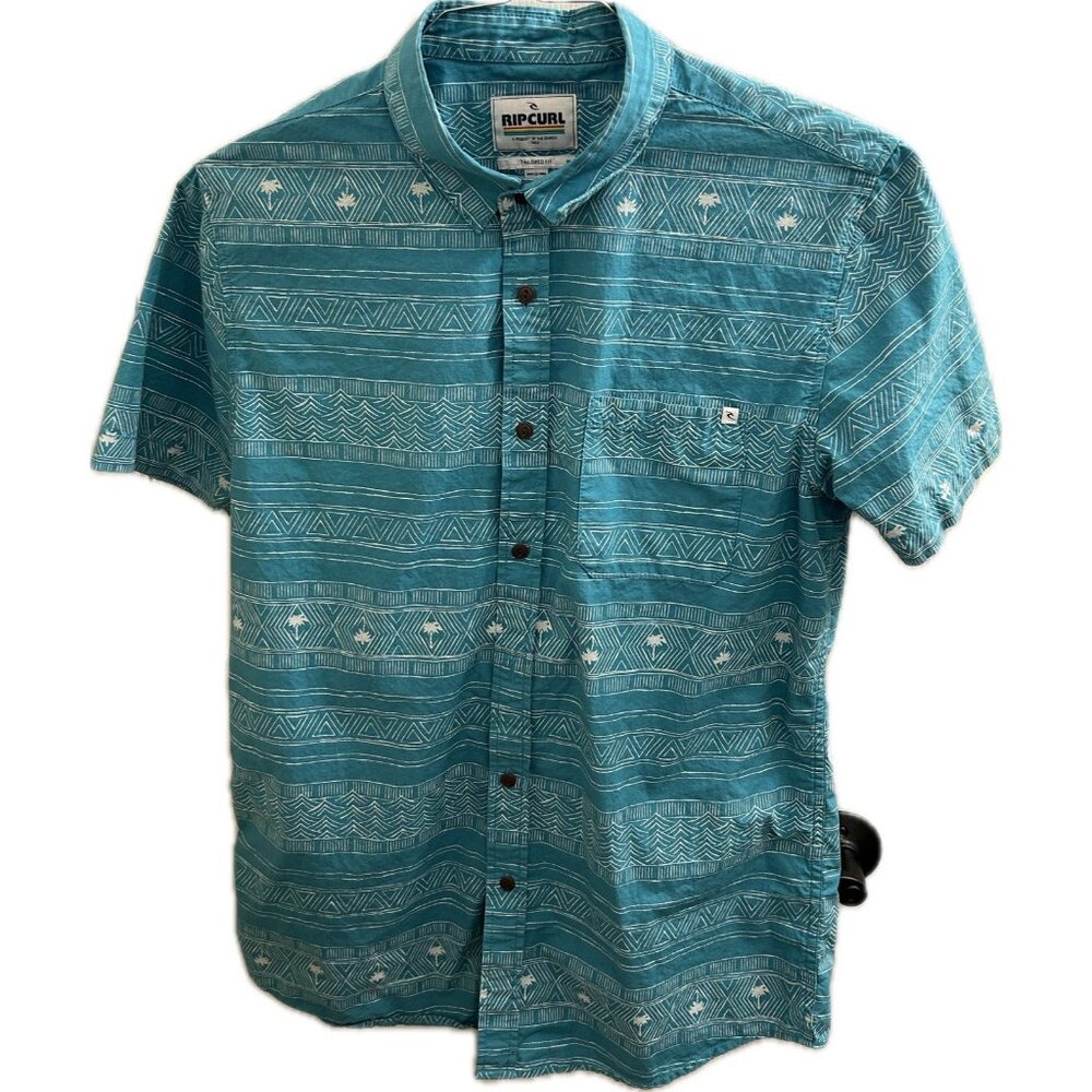 Rip Curl Short Sleeve Button Shirt Men's Size M Teal Geometric Palm Print Pocket